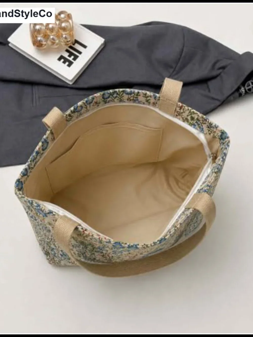 Floral Embroidered Canvas Tote Bag with Zipper, Patchwork Vintage Purse, Cute